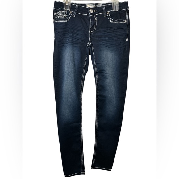 Hydraulic Dark Wash Skinny Jeans with White Stitching Pocket Embellishment Y2k - Picture 1 of 8